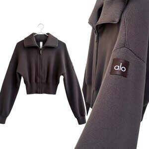 Alo Yoga Scholar Knit Cropped Zip Jacket Espresso Brown Ribbed Knit Sweater XS